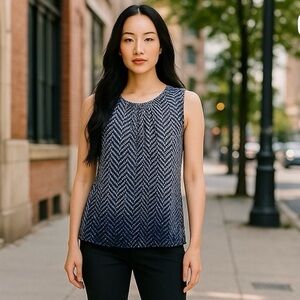 Ann Klein Striped Sleeveless Blue and White Print Blouse